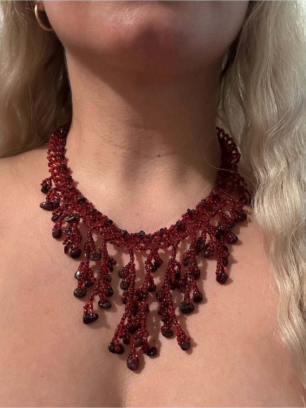 Handcrafted Genuine Granite Beaded Fringe Necklace & Bracelet set- Women Jewelry